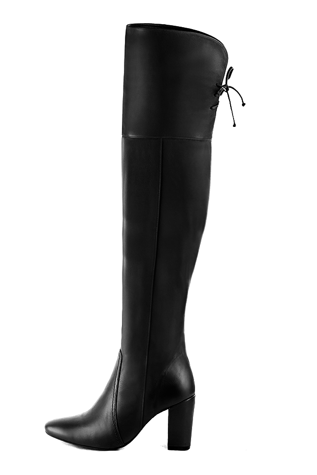 Satin black women's leather thigh-high boots. Round toe. High block heels. Made to measure. Profile view - Florence KOOIJMAN